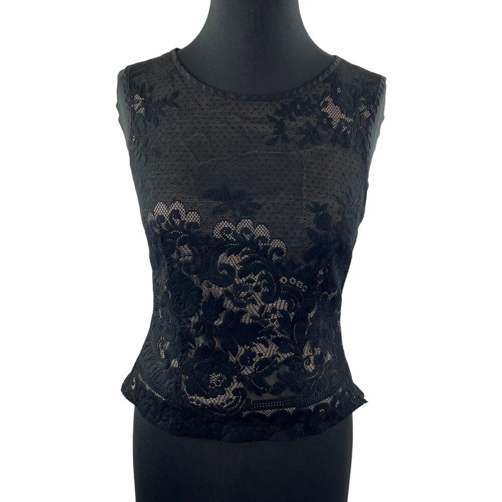 Vintage RUMOURS Black Lace Overlay Sleeveless Round Neck Elegant Top Blouse S?